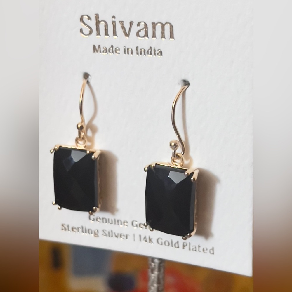 Shivam Sterling Silver 14k Gold Plated Black Onyx Dangle Earrings.